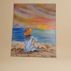 Peinture à l'huile Femme au bord de mer au coucher de soleil
